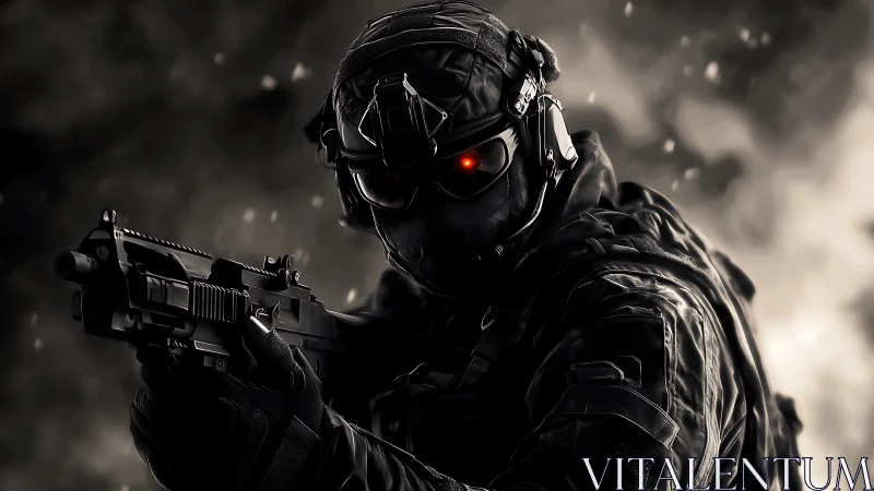 Cybernetic soldier locks target in smoky battlefield gloom.