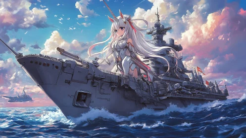 Warship goddess stands armored on steel battleship prow.