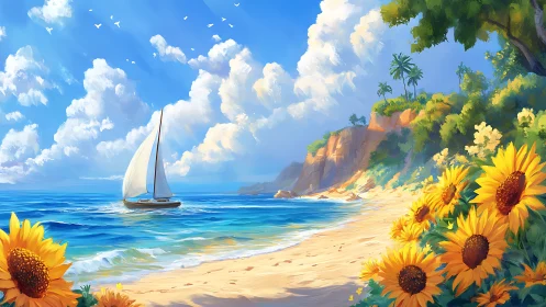 Digital painting seascape with sailboat, cliffs, and sunflowers.