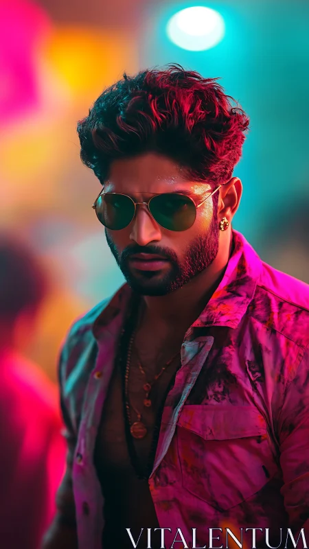 Neon backlit portrait of man in sunglasses under mixed color bokeh