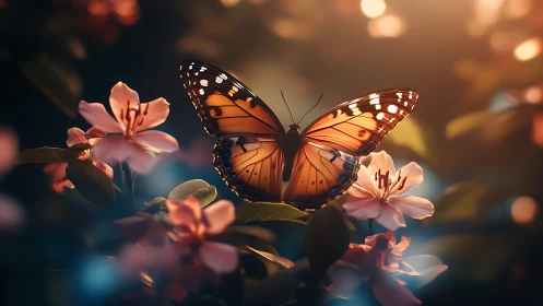Monarch-like butterfly on pink flowers in soft sunset light.