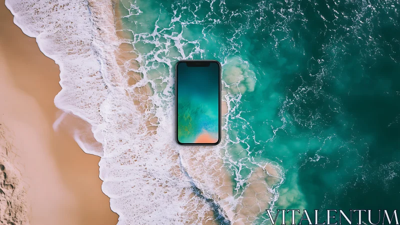 Smartphone composited into aerial shoreline with turquoise surf