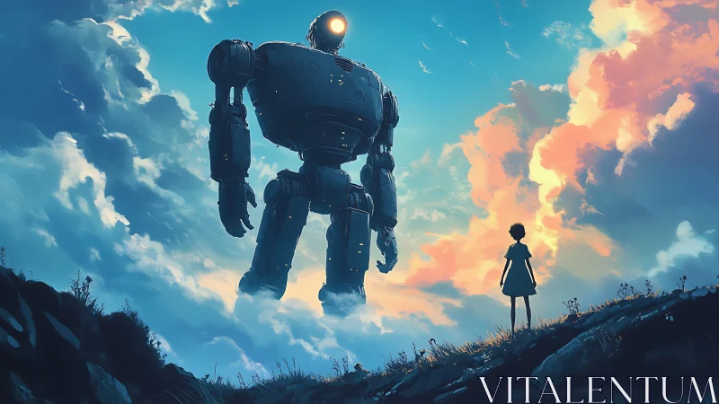 Colossal robot meets lone child under glowing sky.
