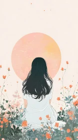 Woman sits in stylized flower field before large pastel sun