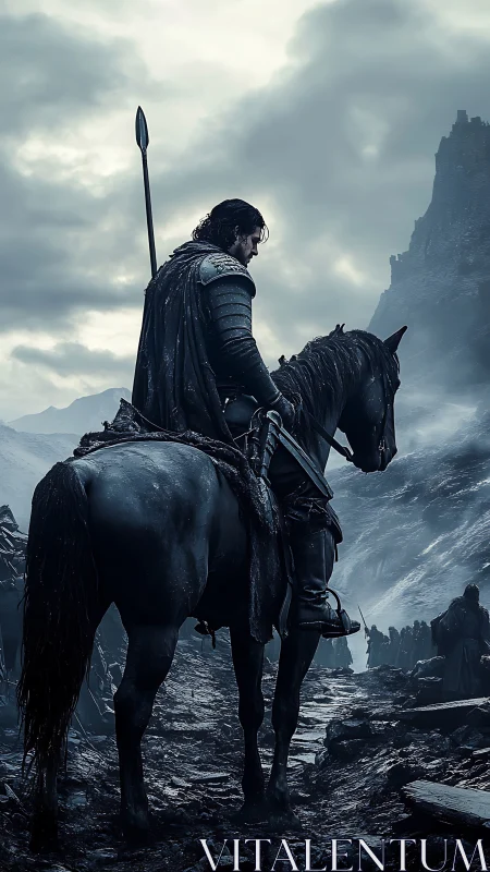 Brooding lone knight on warpath ridge beneath stormed sky.