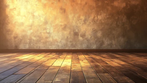 Sunlit textured wall with empty wooden floor interior scene.