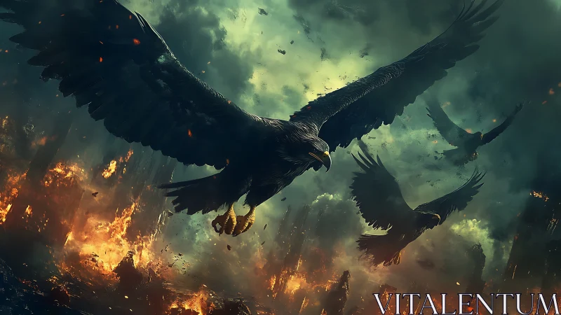 Large dark eagles fly over burning cityscape at dusk.