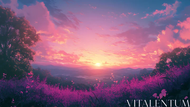 Vibrant digital sunset over violet wildflower valley.
