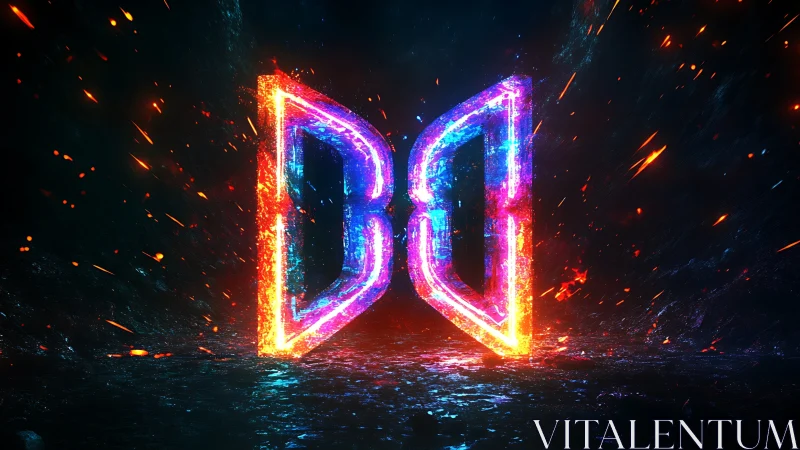 Neon molten letter D shapes glow in a dark reflective space