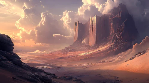 Desert fortress rises through storm-lit crimson cliffs.