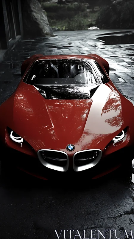 Crimson BMW concept coupé under moody wet courtyard light.