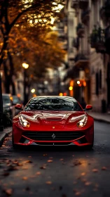 Red Ferrari glows against autumn city street at dusk.