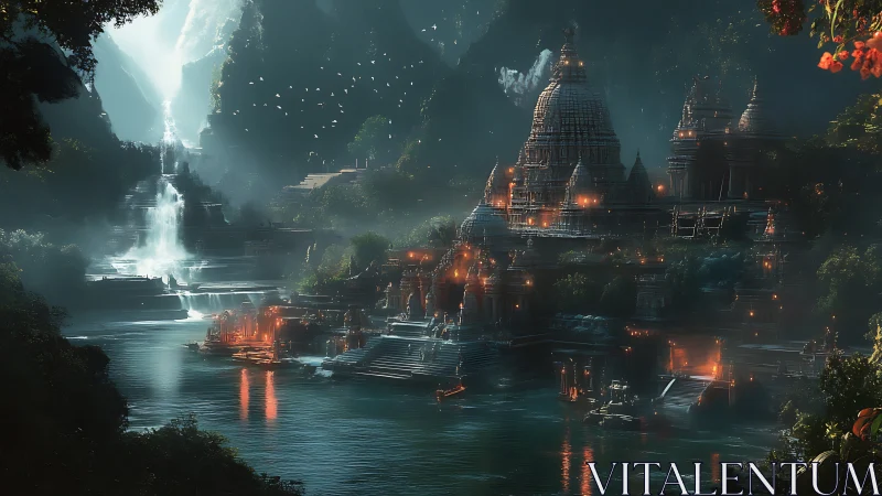 Riverside temple megastructure under volumetric mist and warm firelight