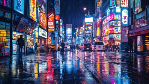 Neon city street glowing in the rain with cozy night energy.