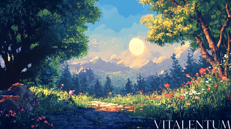 Pixelated Landscape Rendering: Voxel-Based Isometric Valley with Blooming Meadow and Celestial Orb