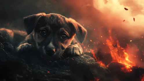 Canine Subject Positioned Within Pyroclastic Environmental Matrix.