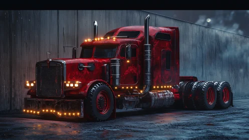 Crimson long‑haul semi truck under moody industrial lights.