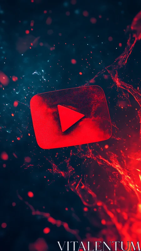 Glowing red play icon in dynamic cyberpunk particle field.