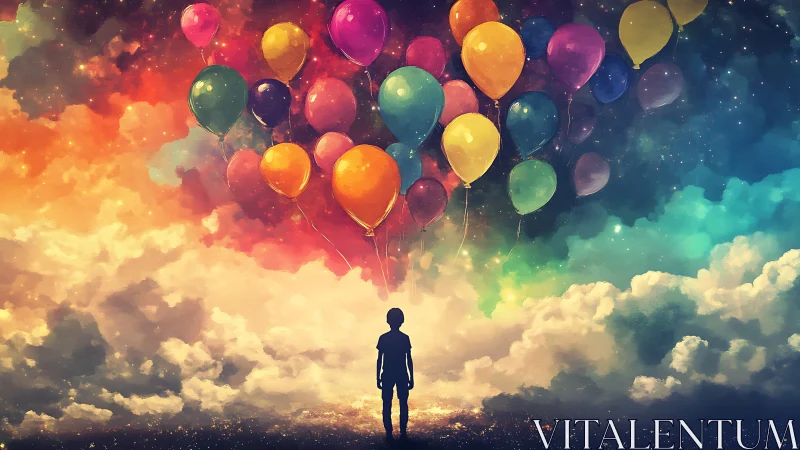 Silhouetted child beneath multicolored balloons in nebula sky
