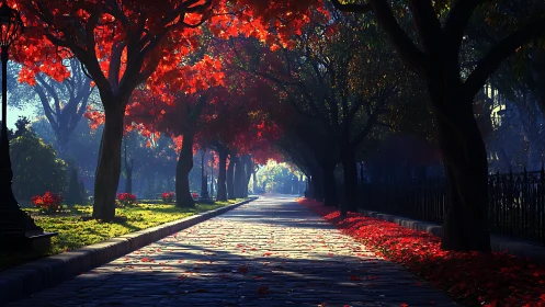 Crimson autumn trees welcome a quiet sunlit park stroll