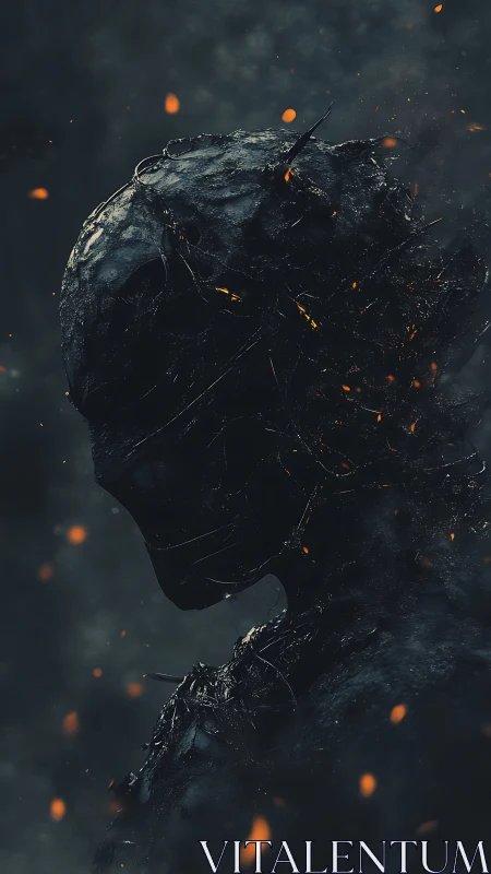 Silent ember-forged figure wrapped in stormy shadows.