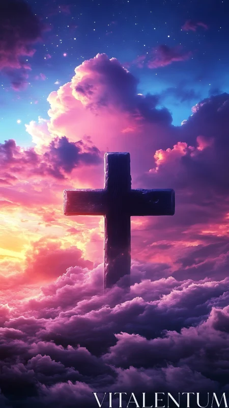 Monolithic cross rises through iridescent nebular cloudscape