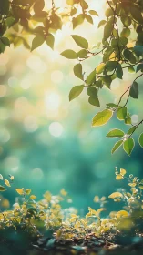 Sunlit forest leaves drift softly above a tranquil clearing