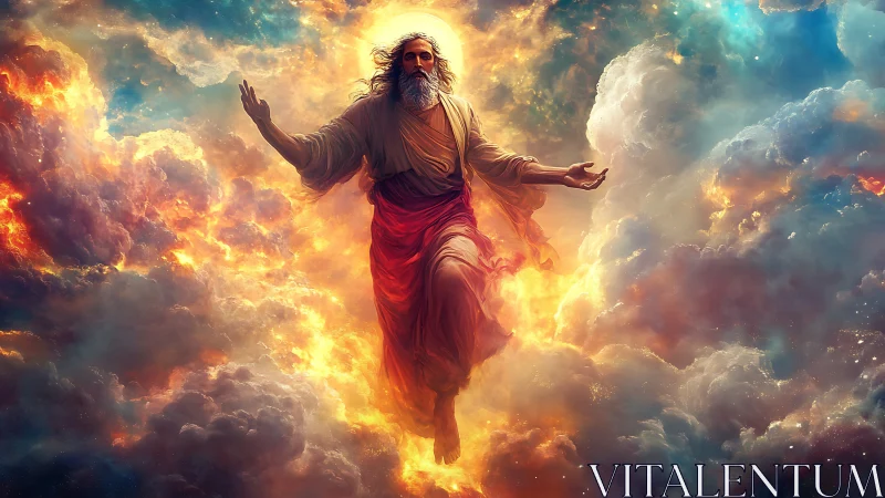 Radiant sky figure walks through glowing clouds of light