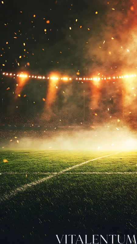 Floodlit stadium pitch under haze and airborne sparks at night