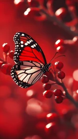 Macro study of monarch butterfly on scarlet berries, bokeh field.