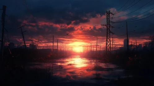 Digital painting of post-apocalyptic powerlines at neon dusk.