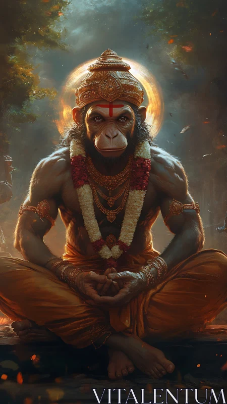 Divine monkey warrior in meditative firelit forest scene.