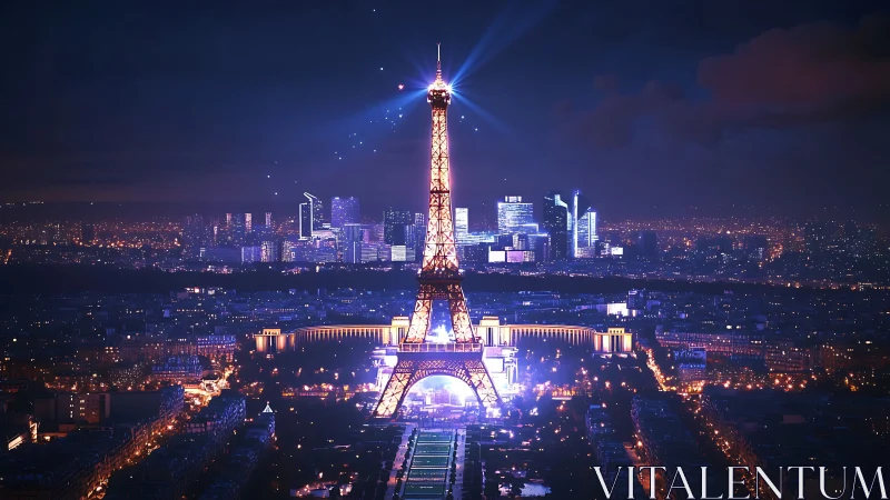 Night view of illuminated Eiffel Tower over Paris skyline.