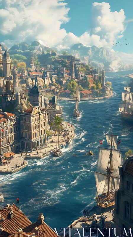 Mediterranean harbor cityscape in luminous digital painting.