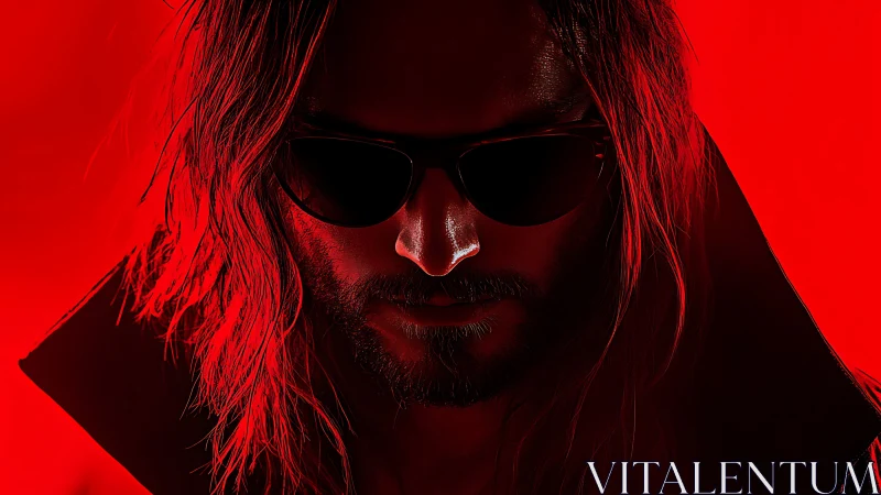 Low-key red portrait of long-haired man with sunglasses, coat