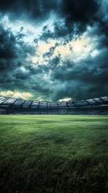 Empty football stadium field under dense storm cloud cover.