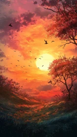 Sunset landscape shows glowing sun behind red autumn trees