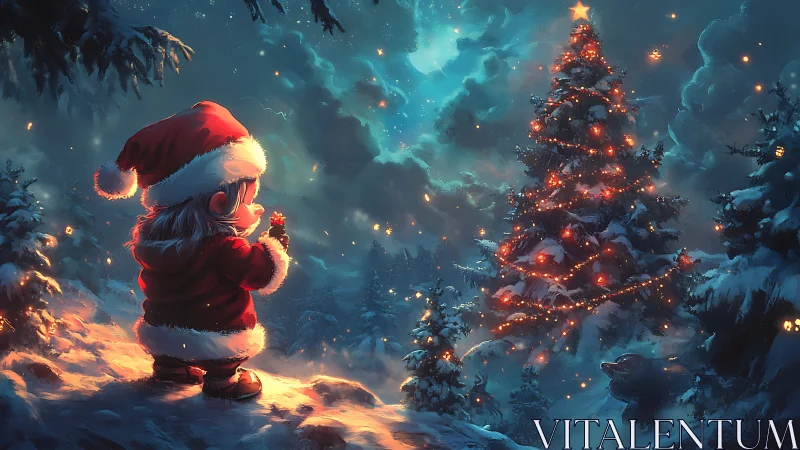 Tiny Santa dreamer lights up a moonlit enchanted Christmas forest.