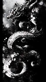 Monochrome ink dragon with swirling abstract splatters.