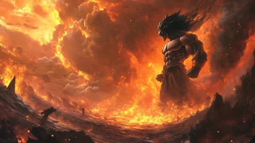 Storm of fire crowns a towering warrior in blazing rage