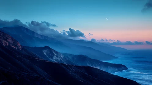 Soft twilight settles over peaceful coastal mountain waves