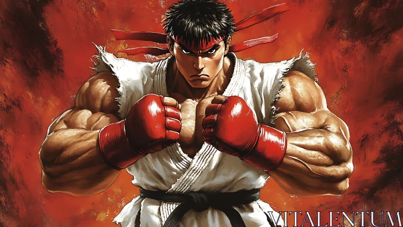 Muscular martial artist in white gi facing forward ready.