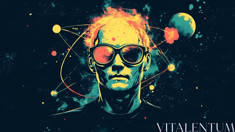 Stylized male portrait shows orbital diagrams around head