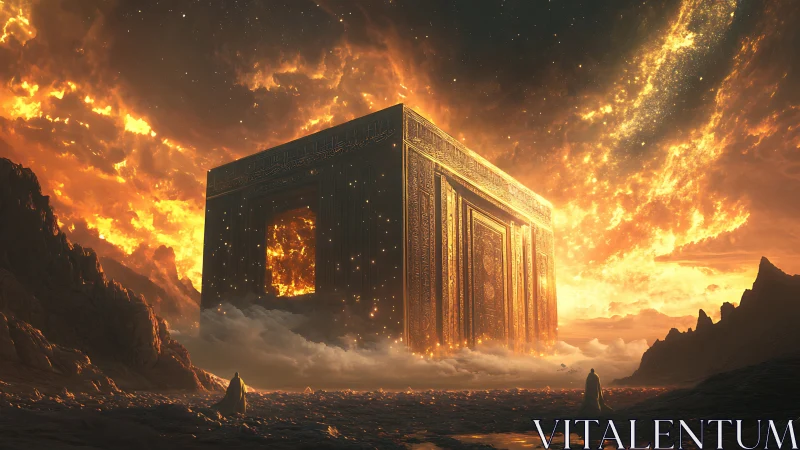 Colossal golden cube temple rises amid burning cosmic sky
