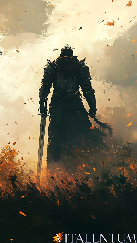 Stormlit knight strides through embers toward untold dawn
