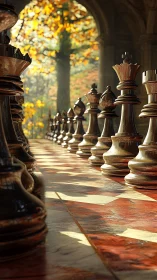 Sunlit chess kings waiting in a quiet autumn arcade.