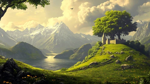 Sunlit alpine lake with fortified hilltop castle and ancient trees