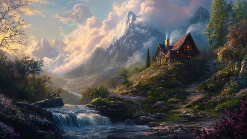 Mountain landscape shows riverside cottage under soft light