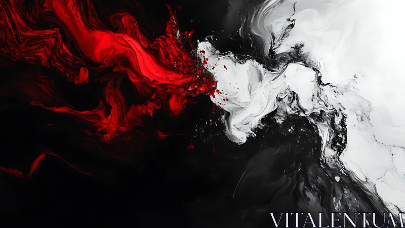 Triadic fluid dynamics with red, black and white pigment flows.