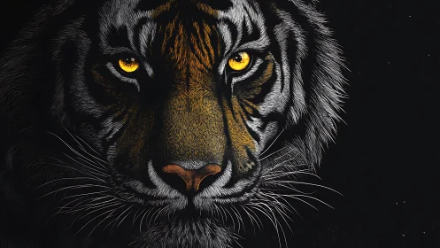 Tiger eyes burn through darkness in detailed digital portrait.